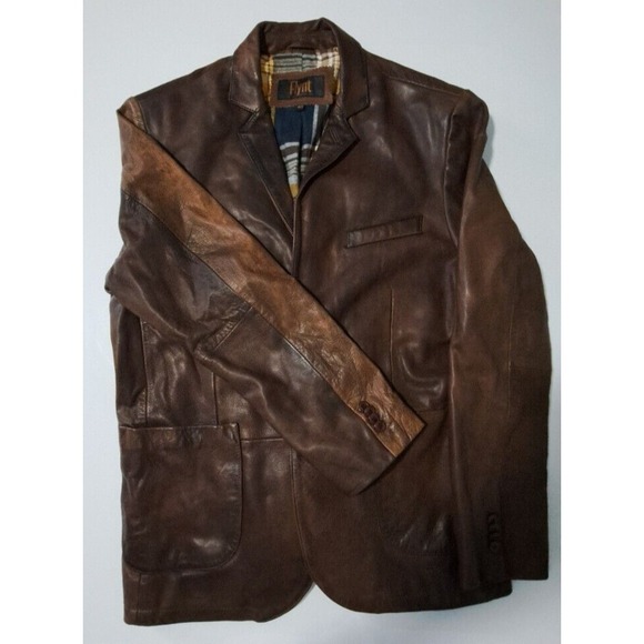 Flynt Soft Leather Blazer Jacket Mens Size 42 R Brown Button Up